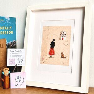 Original brush painting w/ frame | “The girl, the dog, and the vase 🏺"